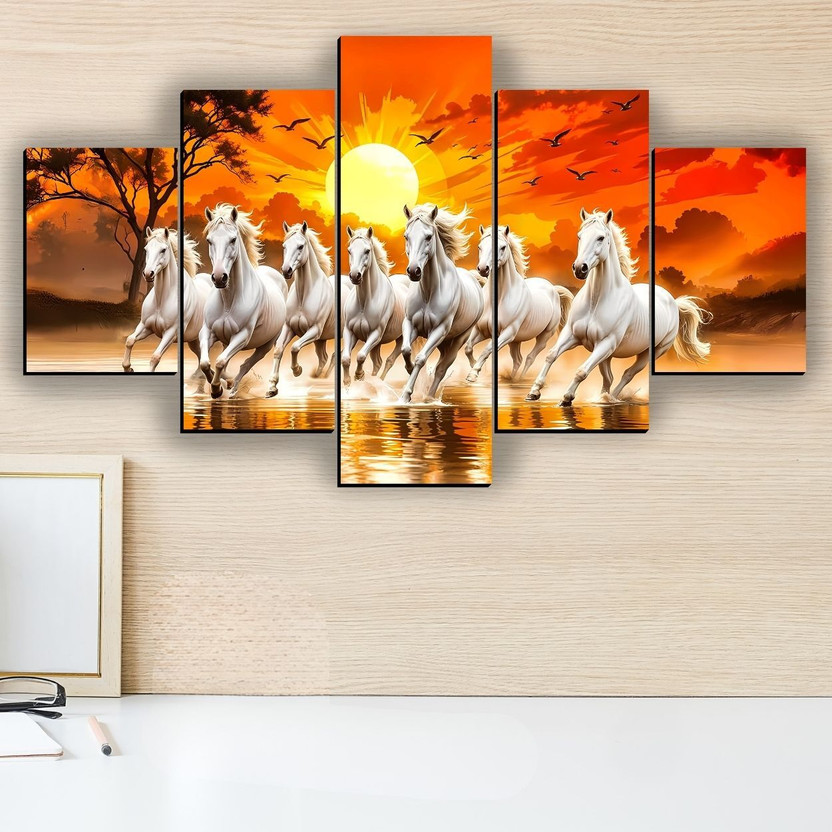 JB Creations Good Luck Seven Horses Home Decor Digital Reprint 18 inch x 30 inch Painting(Without Frame, Pack of 5)