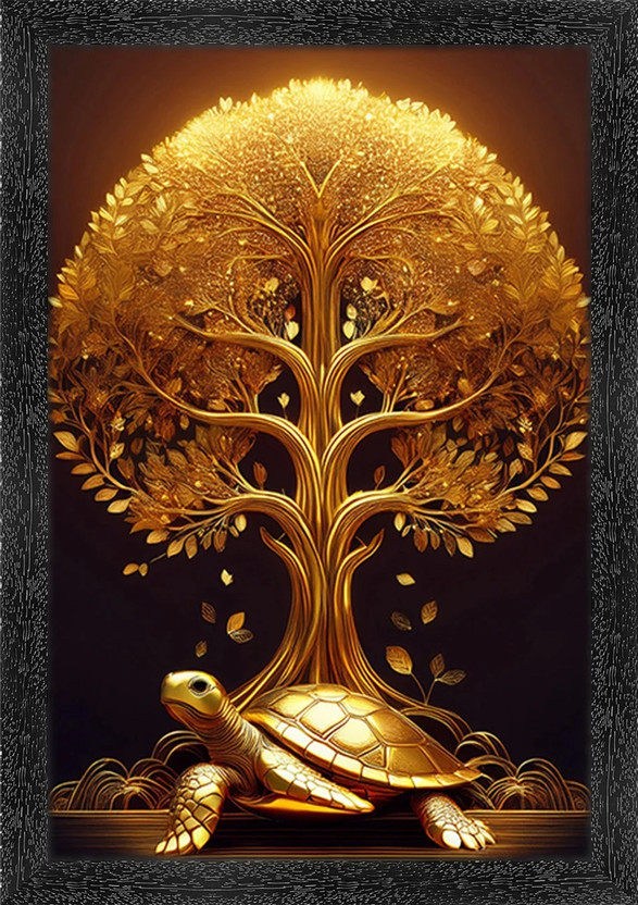 Kanika Kalpavriksha & Tortoise Wall Painting Digital Reprint 10 inch x 34 inch Painting(With Frame)