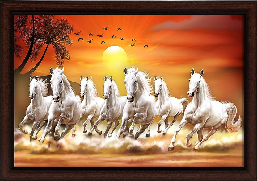Masstone Lucky Seven Running Horses Vastu UV Matt Textured Framed Digital Reprint 14 inch x 20 inch Painting(With Frame)