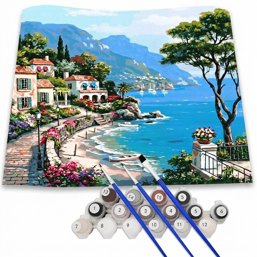 SERPLEX DIY Digital Painting by Numbers Kit Mediterranean Style Canvas for Art Learning Digital Reprint 9.9 inch x 13.7 inch Painting(Without Frame)
