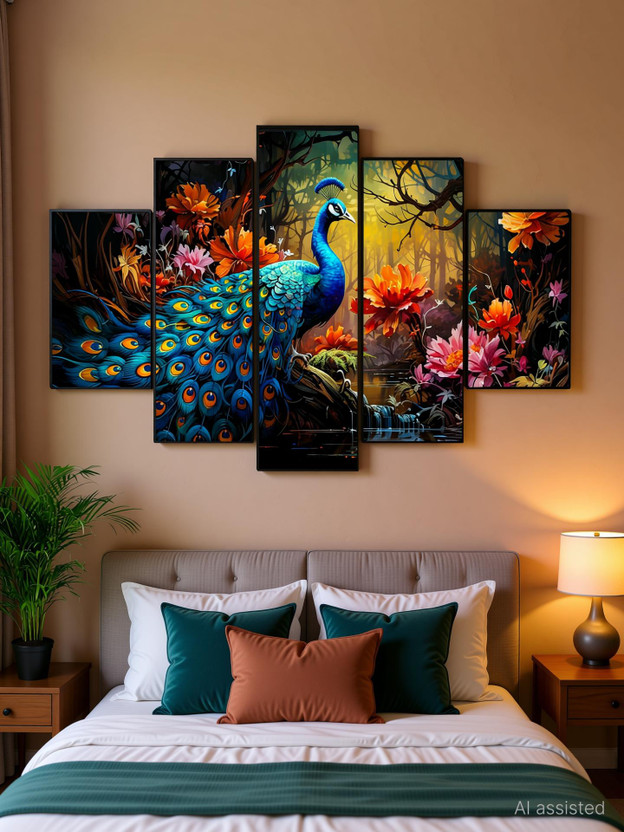 SNDArt Set Of 5 Peacock Wall Paintings For Living Room Digital Reprint 18 inch x 30 inch Painting(Without Frame, Pack of 5)