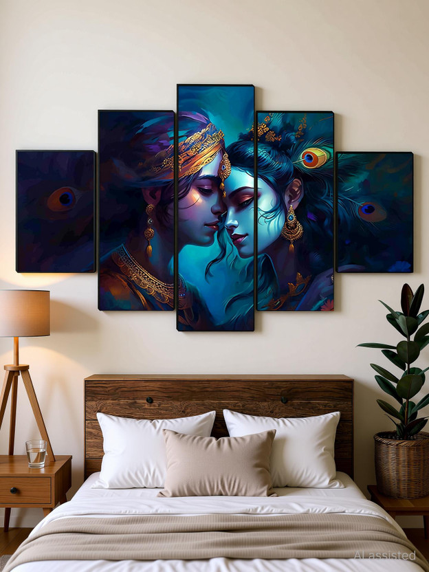 SNDArt Set Of 5 Radha Krishna Wall Paintings For Living Room Gift Items Digital Reprint 18 inch x 30 inch Painting(With Frame, Pack of 5)