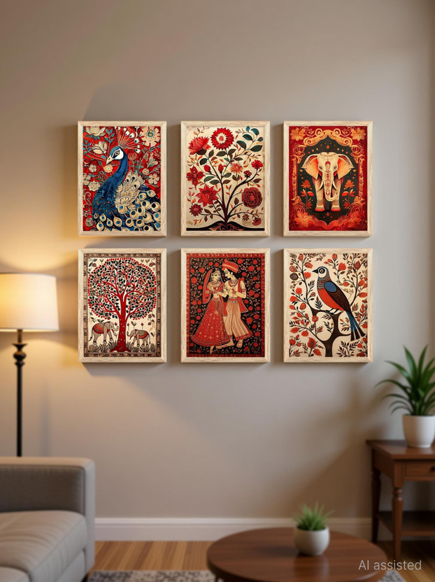 Artifly Set of 6 Framed madhubani art Paintings for Living Room and wall decor P-06 Digital Reprint 13 inch x 10 inch Painting(With Frame, Pack of 6)