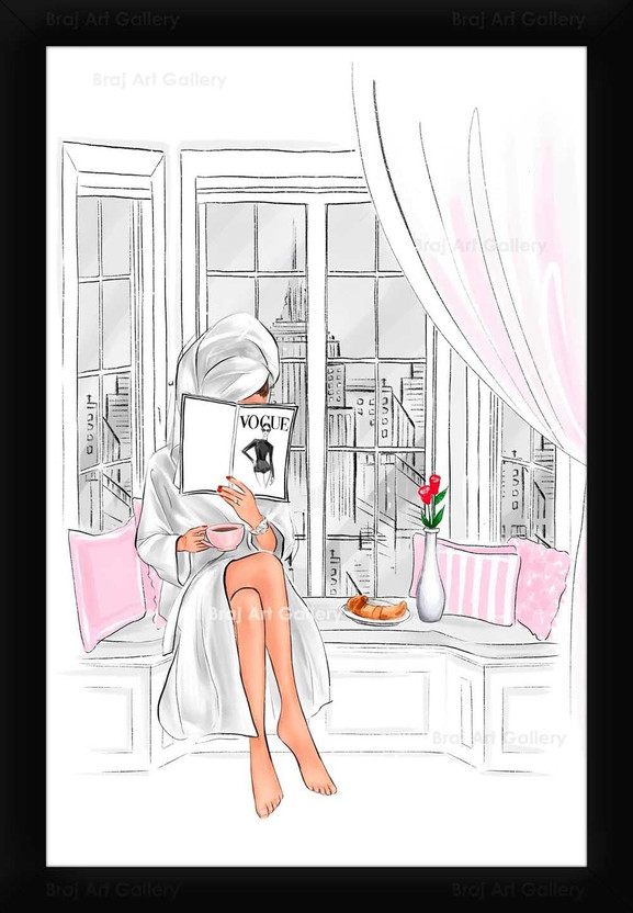 Braj Art Gallery Fashion Poster Girl Reading Magazine on Bay Window Photo Frame Digital Reprint 19.5 inch x 13.5 inch Painting(With Frame)