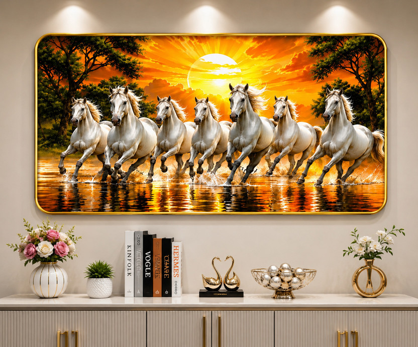 SM CRAFT Seven Running Horses Canvas Wall Painting for Living Room Home Decor Digital Reprint 12 inch x 18 inch Painting(With Frame)