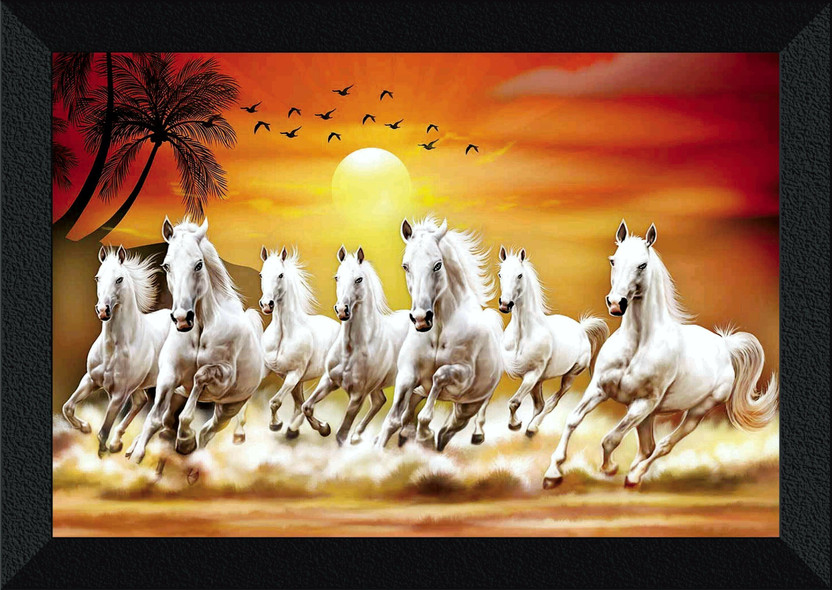 SNDArt (SHF-8433)7 Running Horses Vastu UV Textured Digital Reprint 11 inch x 14 inch Painting(With Frame)