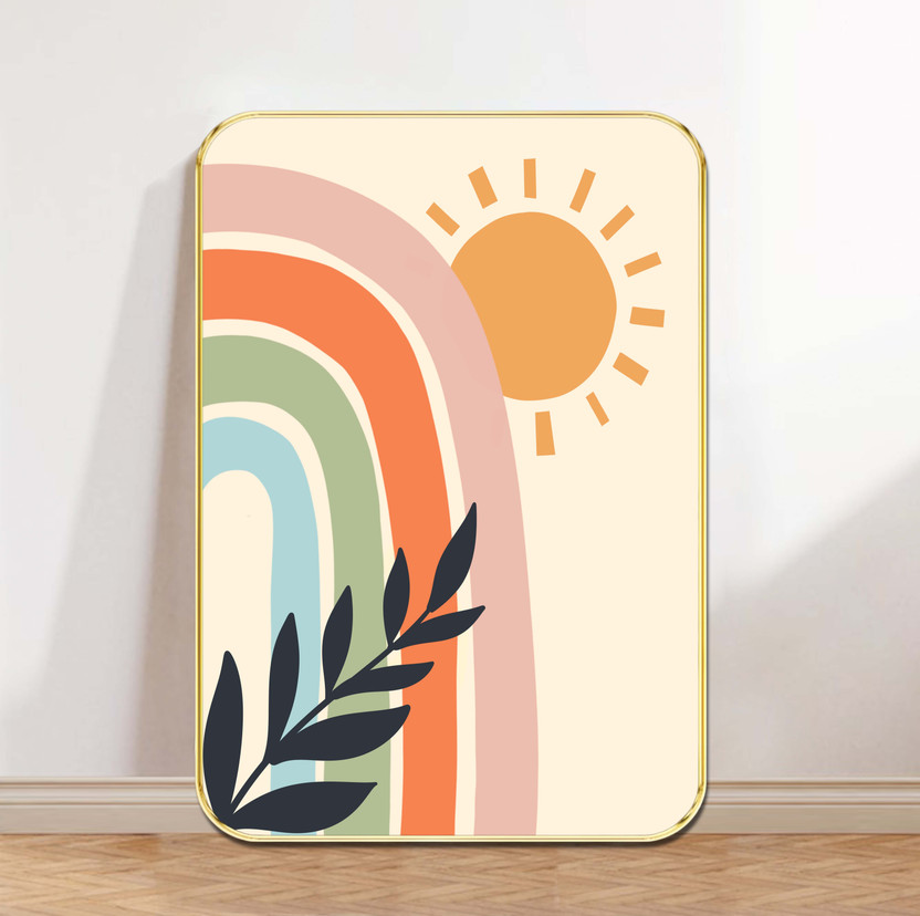 SAF PRINT Rainbow & Sun Abstract Wall Art – Colorful Minimalist Design with Leaf Accent(24 inch X 18 inch, Navy)