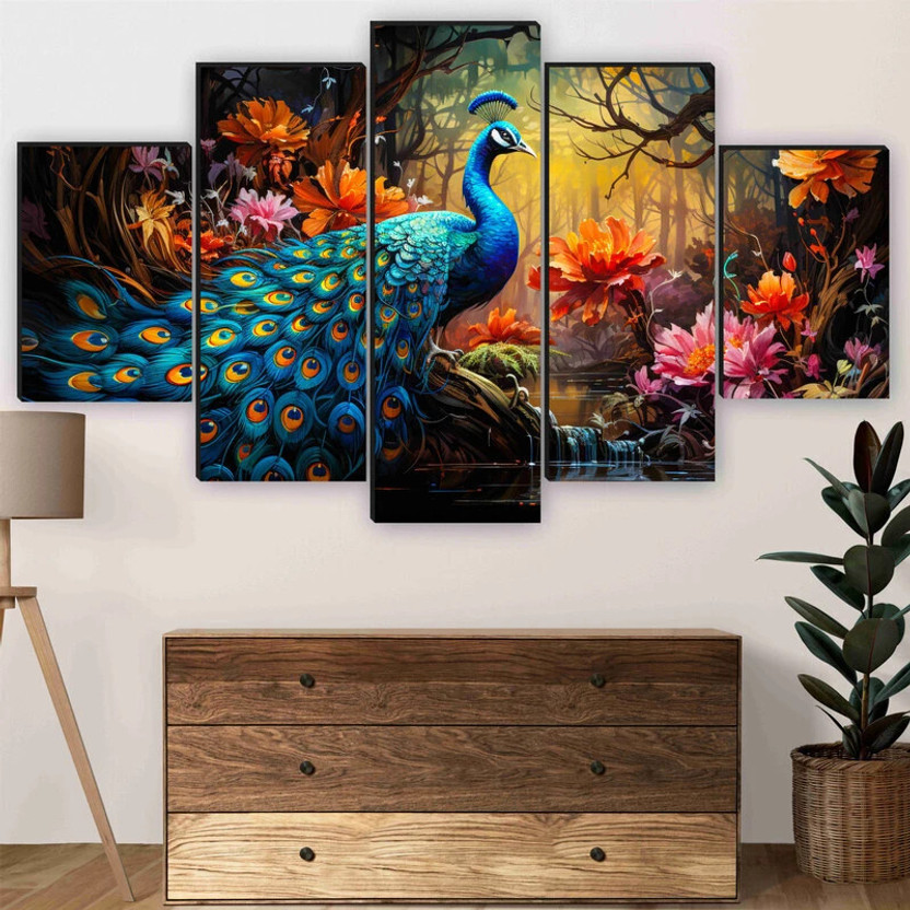saf peacock nature theme for living room, wall decoration Digital Reprint 18 inch x 30 inch Painting(Without Frame, Pack of 5)