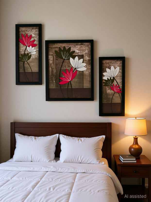 Indianara 3 PC SET OF FLORAL PAINTINGS WITHOUT GLASS 5.2 X 12.5, 9.5 X 12.5, 5.2 X 12.5 INCH Digital Reprint 13 inch x 10 inch Painting(With Frame, Pack of 3)