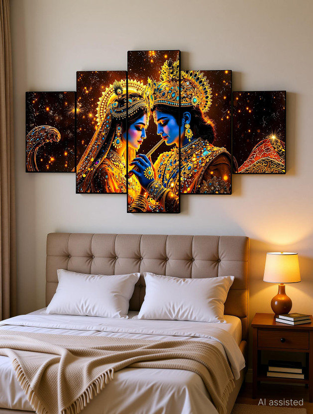 JB Creations Radha Krishna Beautiful 5 Piece Wall Decor (30x18 inches) Digital Reprint 18 inch x 30 inch Painting(Without Frame, Pack of 5)
