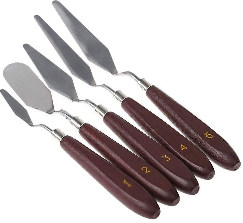 KRAFTMASTERS Palette Painting Knives of Various Sizes Shapes Stainless Steel Spatula 1 Paint Wells Palettes(Set of 5, Brown)
