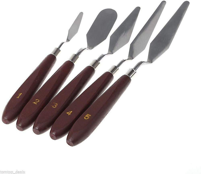 Qalam Kaari Painting Knives Stainless Steel Spatula Palette Knife Oil Painting 5 Paint Wells Palettes(Set of 5, Brown, Color Mixing palette for Oil, Canvas)