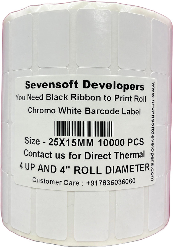 Royaltec 25X15MM Barcode Label (1X0.6 INCH) Self-adhesive 4 UP 4" Dia Roll (Use Black Ribbon to Print Stickers) Paper Label(White)