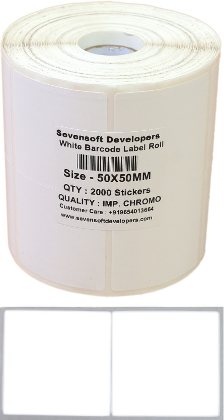 Sevensoft Deveopers 50X50MM Barcode Label (2X2 INCH) Self-adhesive 2 UP 4" Dia Roll (Use Black Ribbon to Print Stickers) Paper Label(White)