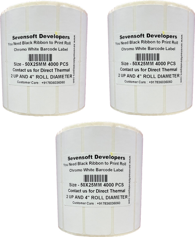 Sevensoft Developers 50X25MM Barcode Label Set of 3 Self-adhesive 2 UP Chromo 4" Diameter Roll (Use Black Ribbon to Print Stickers) Paper Label(White)