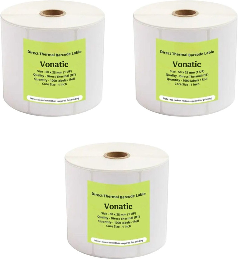 vonatic 50x25MM Direct Thermal Barcode Label Sticker 2x1 inches 1000 Labels Per Roll - White Self Adhesive Sticker for Printing Barcoding Paper Label(White)