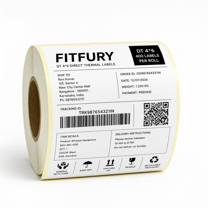 FITFURY 4x6 Thermal Barcode Shipping Labels Roll | 400 Labels | Strong Adhesive Stickers Strong Permanent Adhesive Paper Label(White)