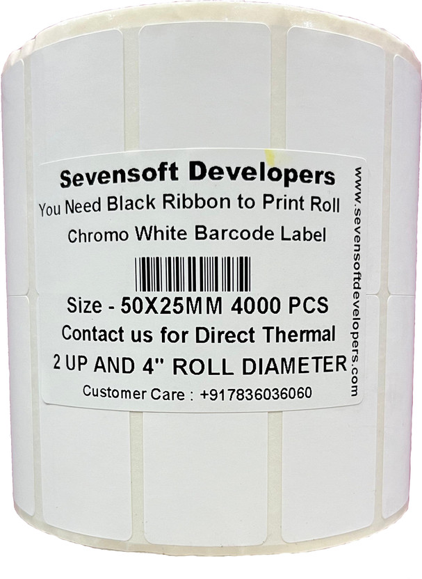Royaltec 50X25MM CROMO Barcode Label (2X1 INCH) Self-adhesive 2 UP 4" Dia Roll (Use Black Ribbon to Print Stickers) Paper Label(White)