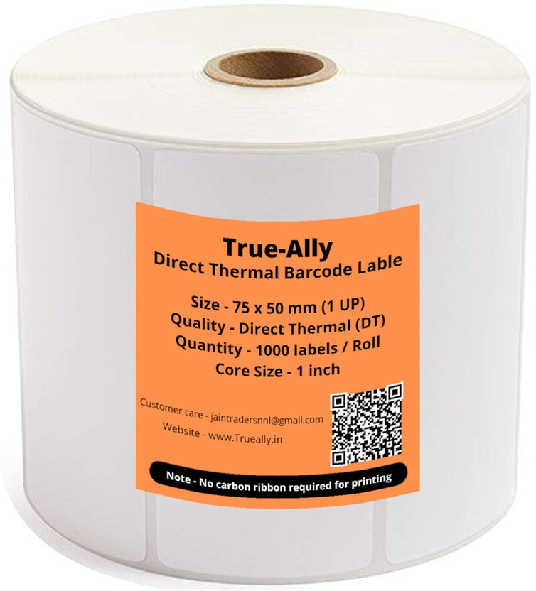 True-Ally 75x50 Direct Thermal Barcode Label Sticker - 3 x 2 inches - 75mm x 50mm 1000 Labels Per Roll - White Self Adhesive Sticker for Printing Barcoding Paper Label(White)