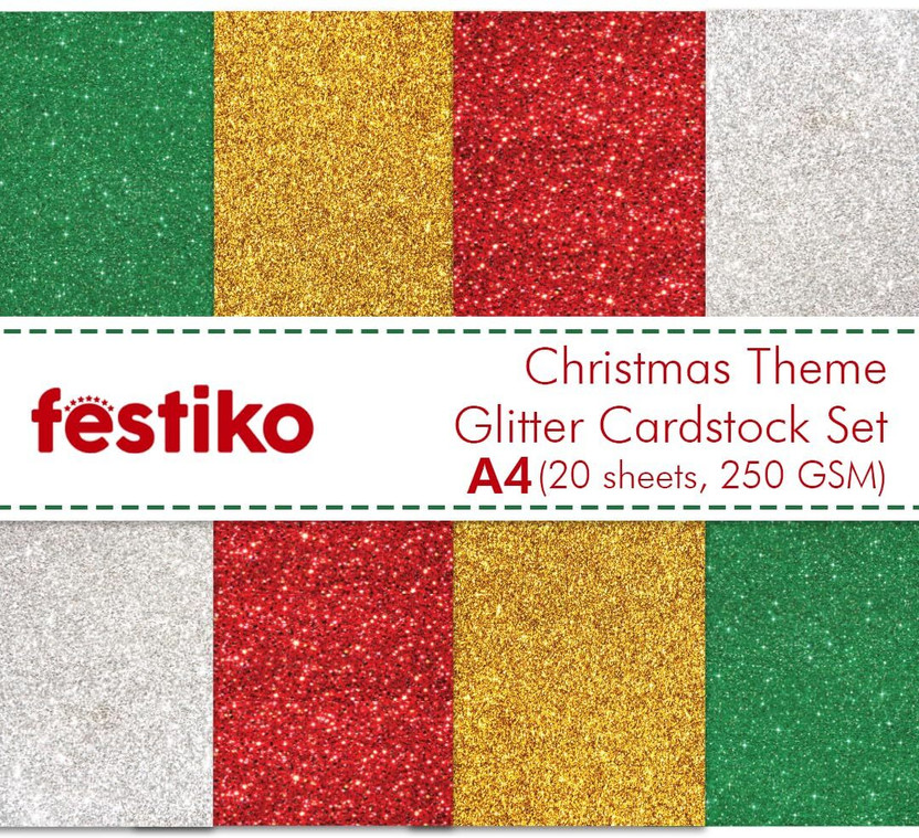 Festiko Red/Gold/Green/Silver Glitter Cardstock Sheets For Christmas Pack of 20 Unruled A4 250 gsm A4 paper(Set of 1, Red, Gold,Green, White)