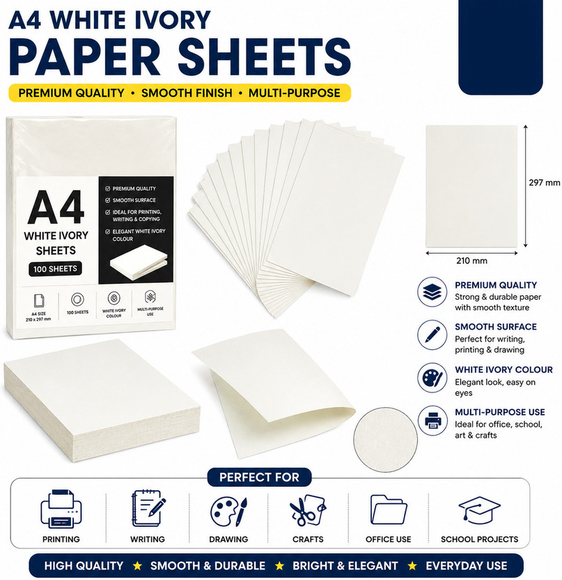 Eclet Eclet A4 Size, 300 Gsm Smooth Finish Ivory Drawing Paper Sheets, White, 16.5 Inch X 11.75 Inch,Pack Of 40 Sheets, A4 300 gsm Coloured Paper(Set of 1, White) - Flipkart Deal