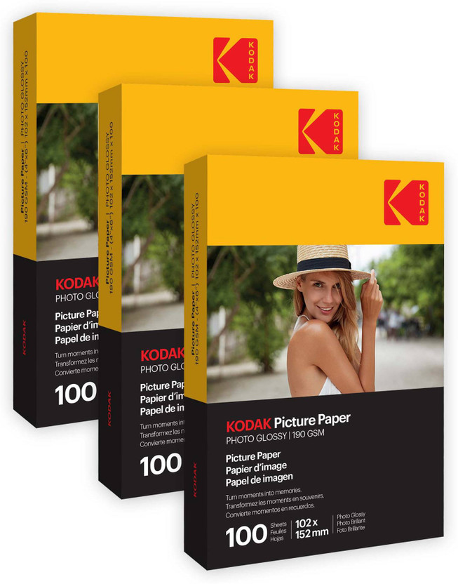KODAK 190 GSM 4R 300 Sheets High Glossy Cast Coated Water Resistant Photo Paper unruled 4R (4X6 inch) 190 gsm Photo Paper(Set of 3, White)