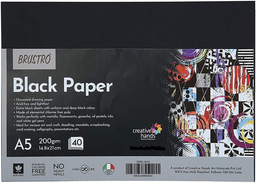 BRuSTRO Black Paper Pack of 2 (40 Sheets Each Pack) A5 200 gsm Drawing Paper(Set of 2, Black)