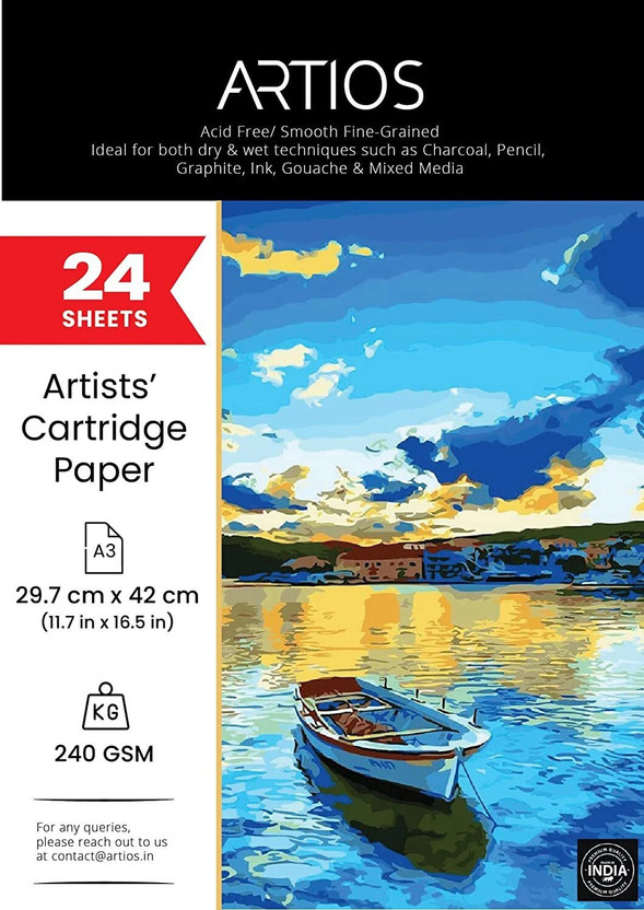 ARTIOS ARTIOS Artists' Mixed Media Cartridge Paper A3- 24 Drawing Sheets , Ideal for Charcoal,Graphite,Acrylic,Watercolor,Gouache,Ink & Other Mixed Media A3 240 gsm Drawing Paper(Set of 1, Off-White) - Flipkart Deal