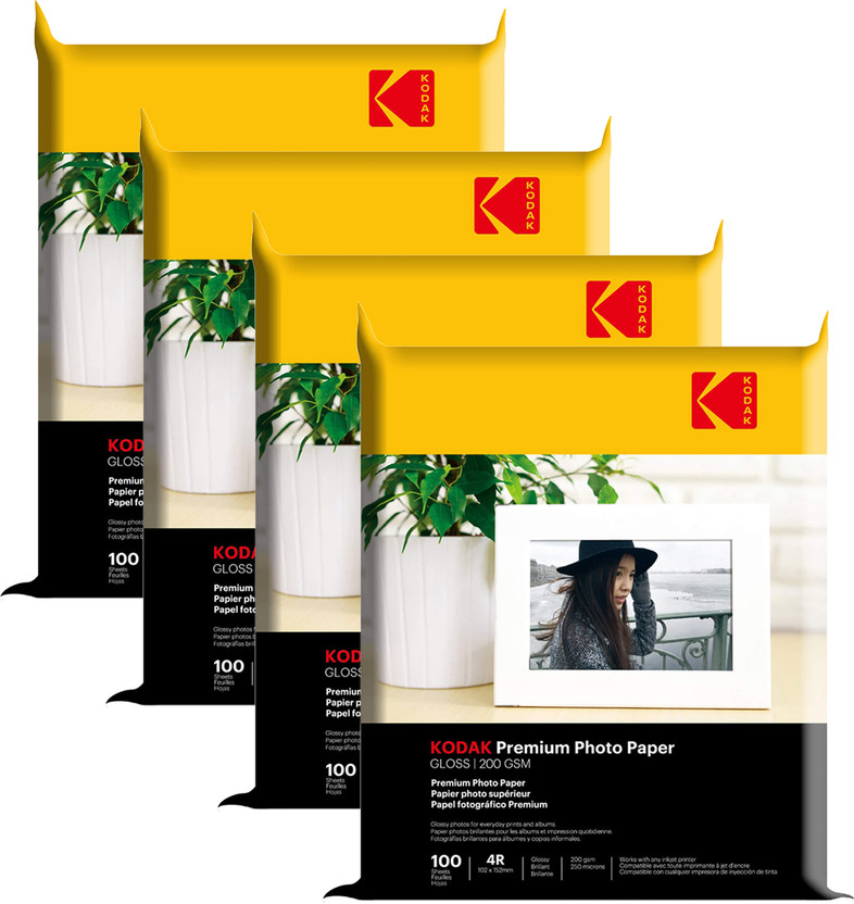 KODAK 1 x 100 Sheets High Glossy 4R (4x6) 200 gsm Photo Paper(Set of 4, White)