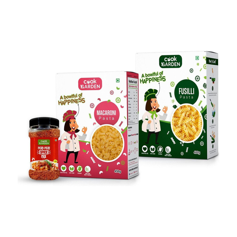 Cook Garden 100% Semolina Pasta Combo With Peri Peri Masala Mix 100g | Fusilli, Macaroni Pasta(Pack of 2, 850 g)