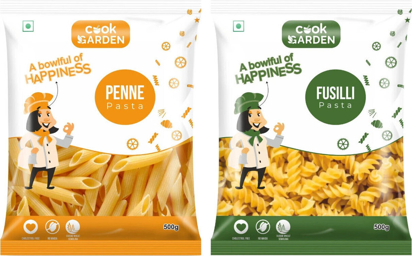Cook Garden 100% Semolina Combo | No Maida | High Protein & Fiber Fusilli, Penne Rigate Pasta(Pack of 2, 1000 g)