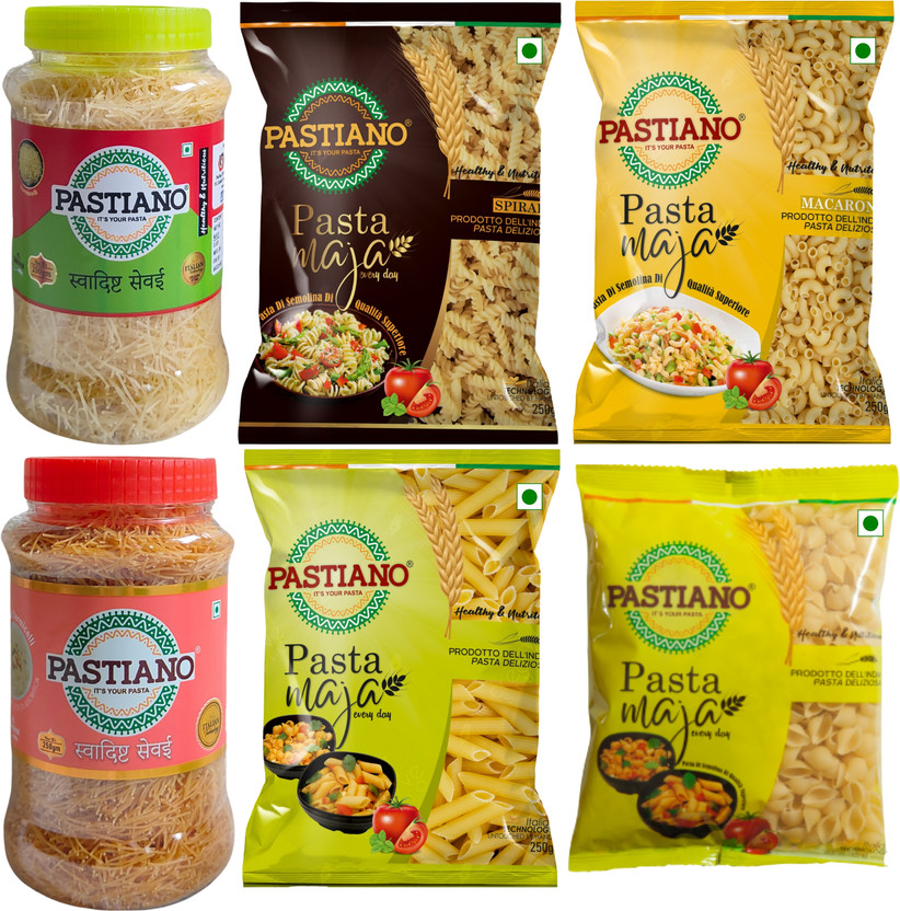 PASTIANO Jumbo Combo- Fusilli, Macaroni, Penne, Shells, Vermicelli Jar, Roasted Vermicelli Jar- 250 gms each- 6 in 1 Fusilli, Macaroni, Penne, Shell Pasta(Pack of 6, 1.5 kg)
