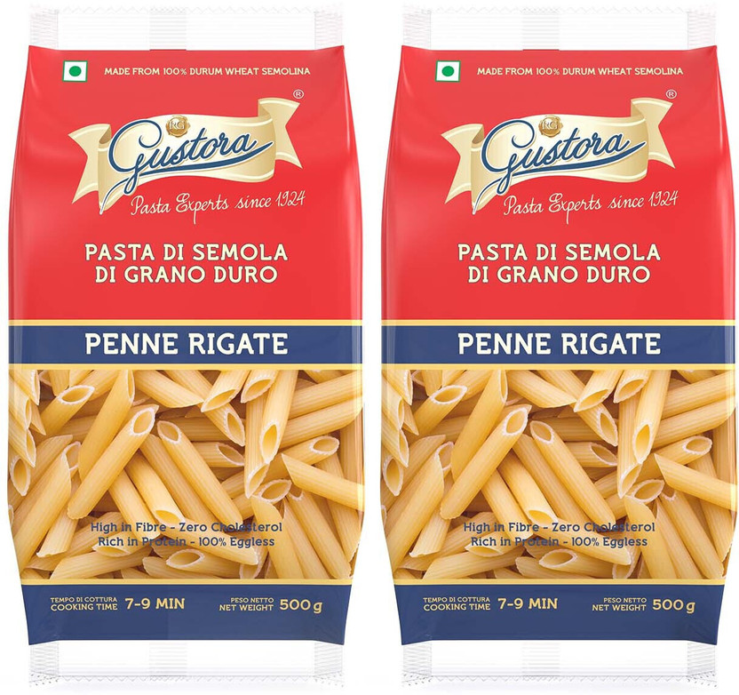 Gustora 100% Durum Wheat Semolina Pasta I Rich in Fibre & Protein I Eggless Penne Rigate Pasta(Pack of 2, 1 kg)