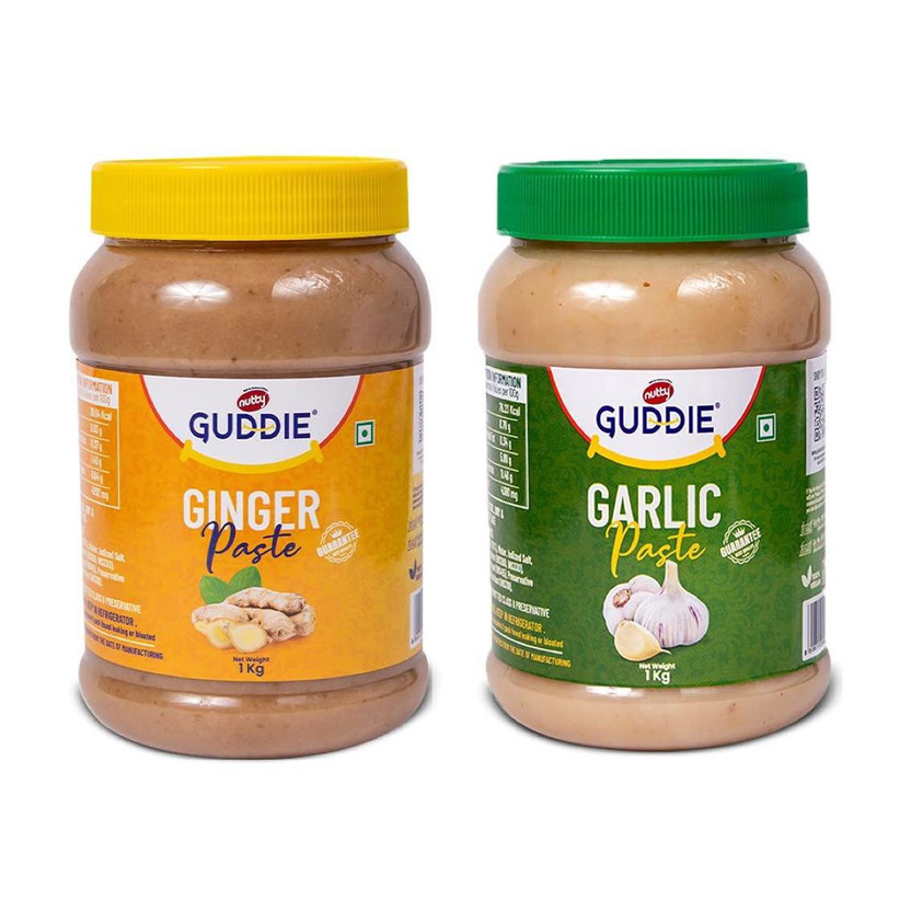 Nutty Guddie Ginger + Garlic Paste Each 1 Kgs. - Natural, Fresh Ingredients, Quality Assured by Guddie(2 kg)