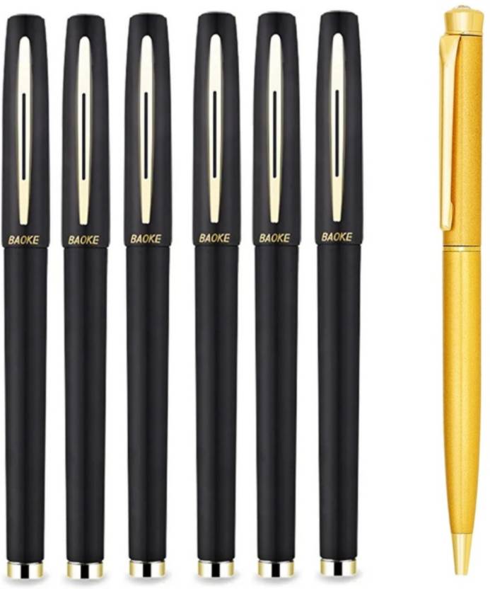 Baoke 6 Black Gel Pens 1.0mm+FREE Roller Ball Blue Ink Pen Gold Finish ...