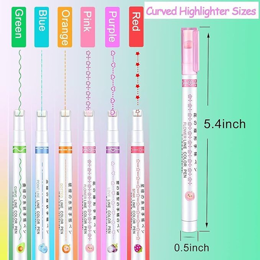 Eclet Highlighter Pen Set – 6 Curve Tip Flowing Flair Markers | Multicolor Pens Fineliner Pen(Pack of 6, Ink Color - for School, Art, Scrapbooks, Coloring Books & Creative Writing)