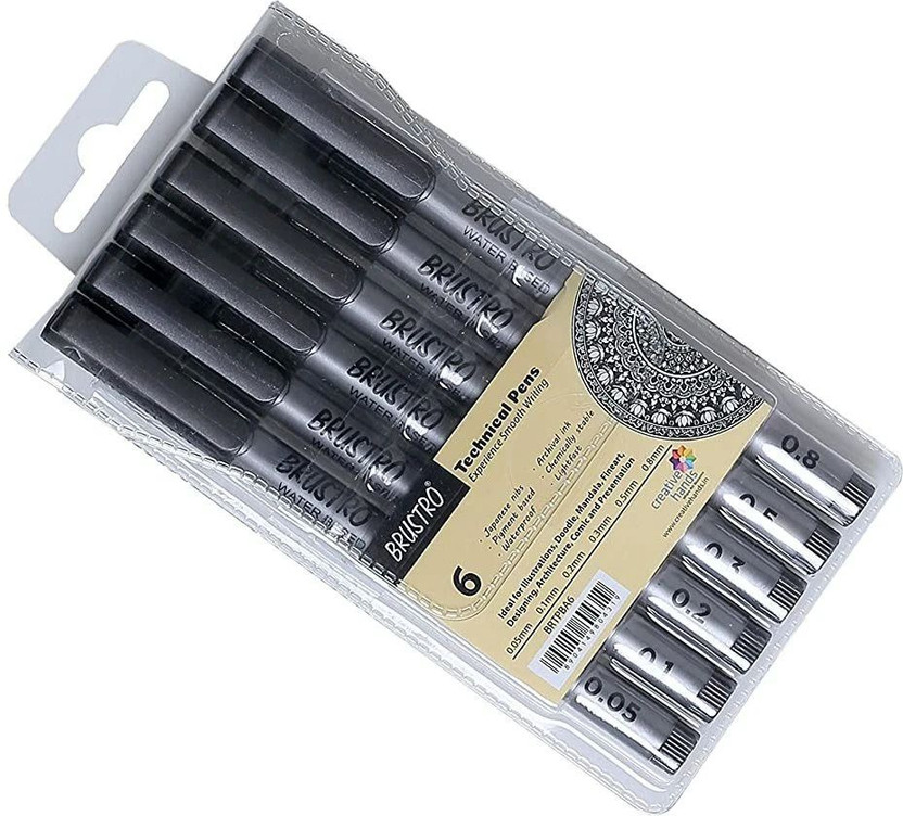 BRuSTRO Technical Fineliner PenIBlackISet of 6 -Tip Sizes -0.05,0.1,0.2,0.3,0.5,0.8 mm| Fineliner Pen(Pack of 6, Ink Color - Black)