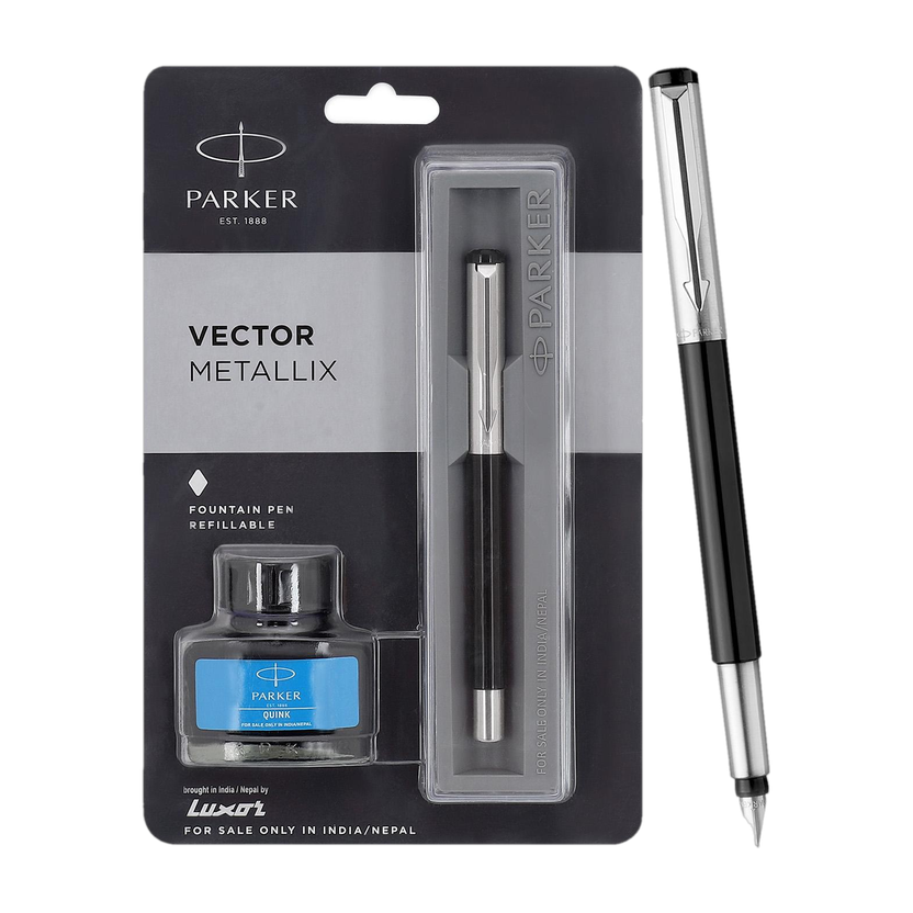 PARKER Vector Metallix Stainless Steel, Fine Nib With Quink Ink Bottle Fountain Pen(Ink Color - Blue)