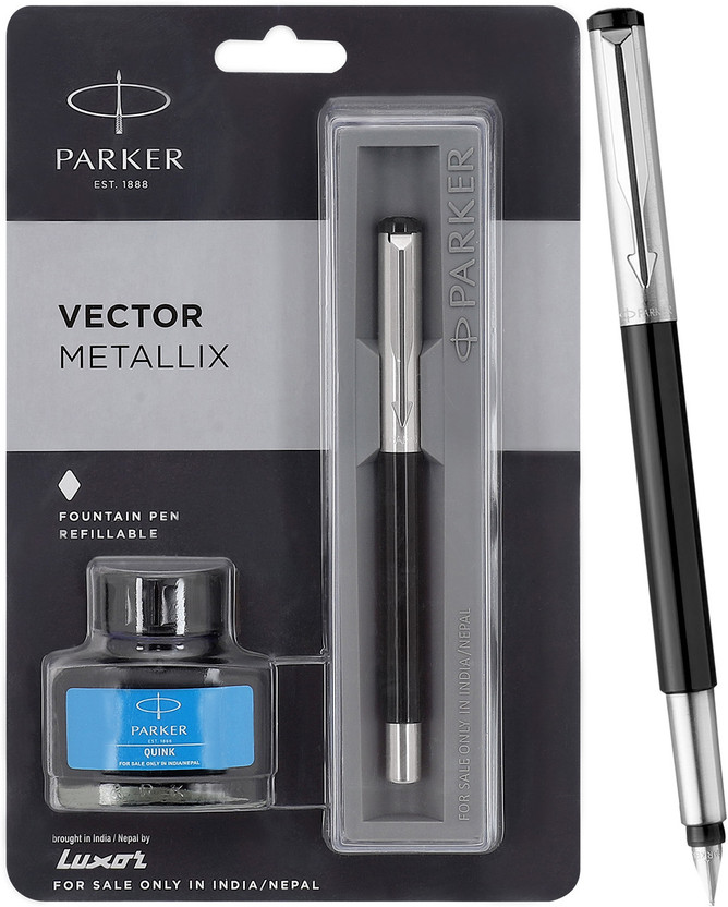 PARKER Vector Metallix Stainless Steel, Fine Nib With Quink Ink Bottle Fountain Pen(Ink Color - Blue)