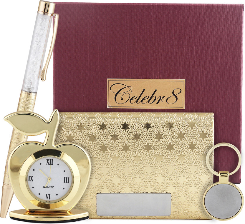 Celebr8 4 in 1 Golden Gift Set With Clock, Crystal Pen, Business Card Holder & Keychain Pen Gift Set(Pack of 4, Ink Color - Gold)