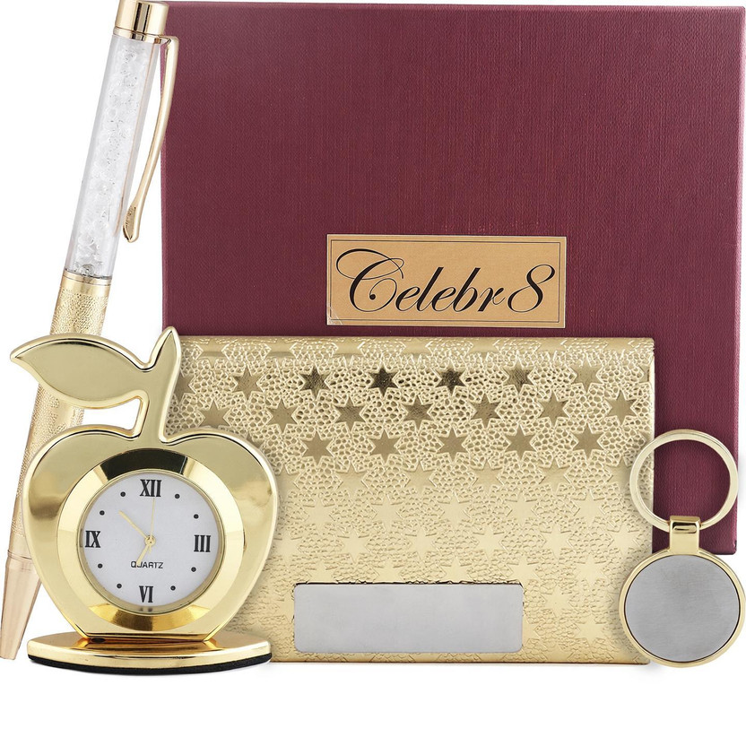 Celebr8 4 in 1 Golden Gift Set With Clock, Crystal Pen, Business Card Holder & Keychain Pen Gift Set(Pack of 4, Ink Color - Gold)