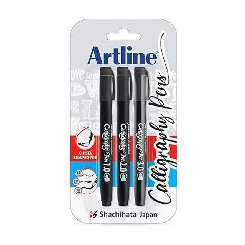 Artline Calligraphy Pen with Chisel Nib | 1.0mm, 2.0mm & 3.0mm | Water Based Ink Calligraphy(Pack of 3, Ink Color - Black)