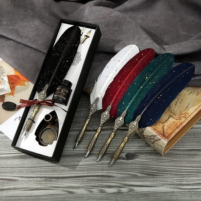 Calldrishe Feather Pen Set with Ink Bottle and Pen Stand, Antique Calligraphy Writing Pen Calligraphy(Ink Color - Multicolor)