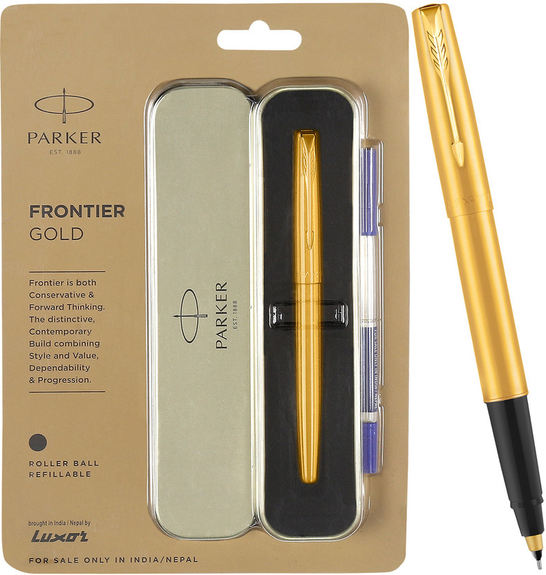 PARKER Frontier Stainless Steel, Gold Trim Roller Ball Pen(Ink Color - Blue)