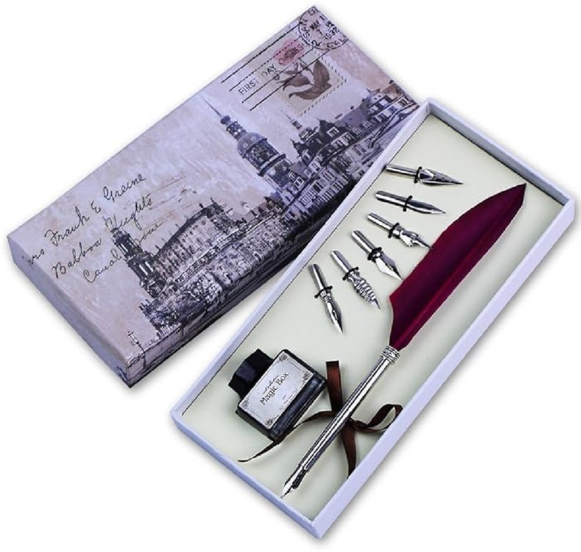 BM BM RETAIL 1 Pcs Antique Quill Feather Dip Pen & Ink Set with 6 Different Style Nib Fountain Pen(Ink Color - Pink) - Flipkart Deal
