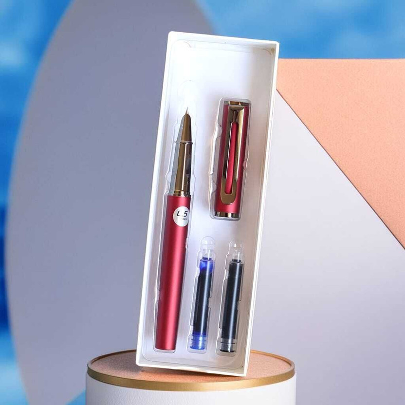 Hanu VINTAGE Fountain Pen Replaceable Ink Set Blue & Black Ink 0.5mm RED COLOUR Fountain Pen(Ink Color - Multicolor)