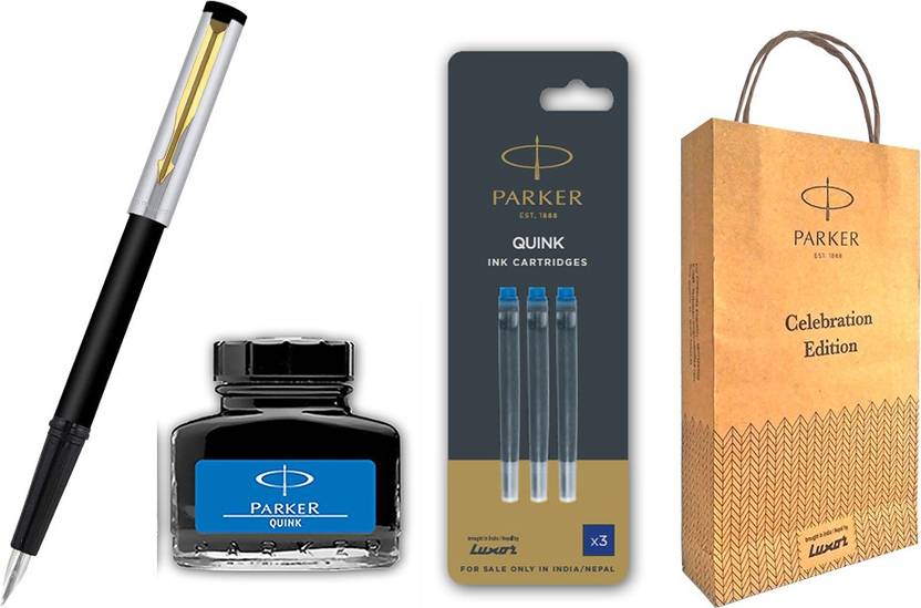 PARKER BETA PREMIUM FOUNTAIN SILVER PEN GT With Blue Cartridge Gift Bag