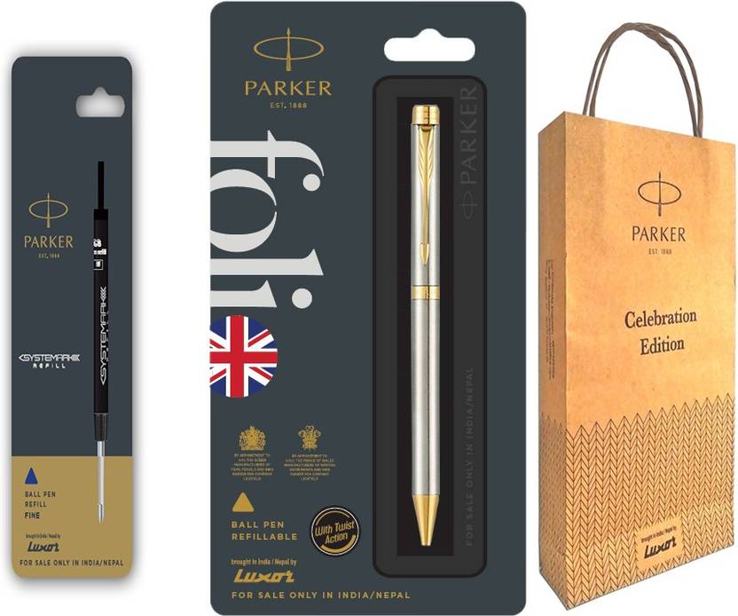 PARKER FOLIO STAINLESS STEEL BALL PEN WITH GOLD TRIM WITH BLACK