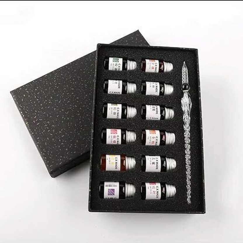 PEACORA Crystal Glass Calligraphy Dip Pen With 12 Ink Bottle Calligraphy(Pack of 12, Ink Color - Multicolor)