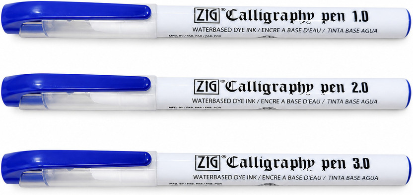 Zig Calligraphy Pen Set of 3 Blue Ink (1mm,2mm,3mm) |Oblique Tip for Italic & Gothic Calligraphy(Pack of 3, Ink Color - Blue)